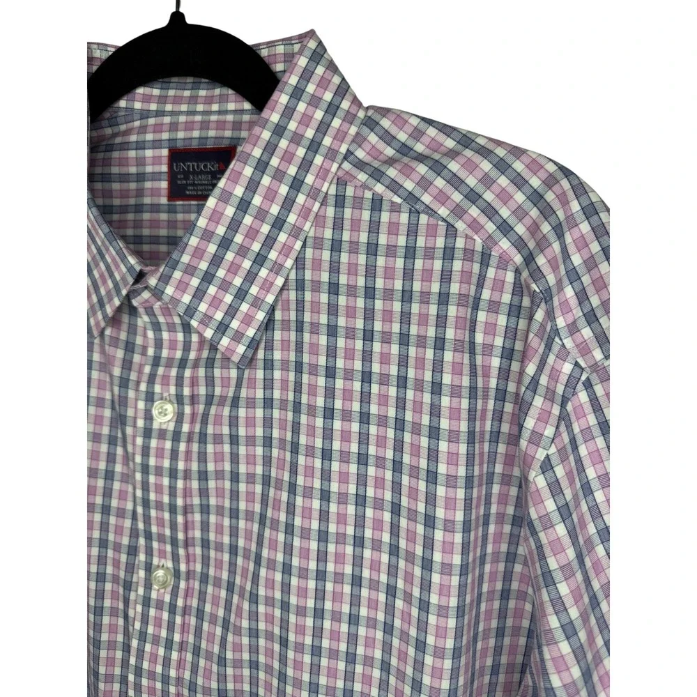 UNTUCKit Pio Cesare Slim Fit Wrinkle Free Plaid‎ Shirt Mens XL Pink Blue Cotton